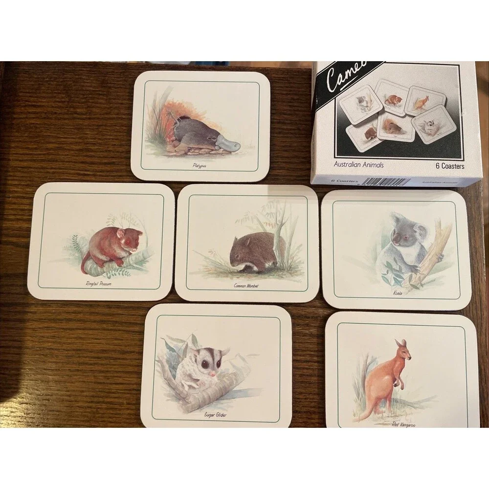 Vintage Set of 6 Cameo Australian Animals Cork Back Coasters Wildlife